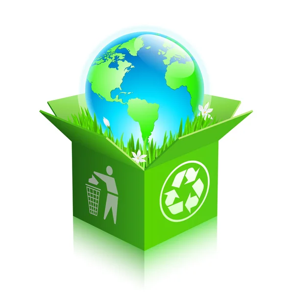 Globe dans une boîte d'expédition de recyclage — Image vectorielle