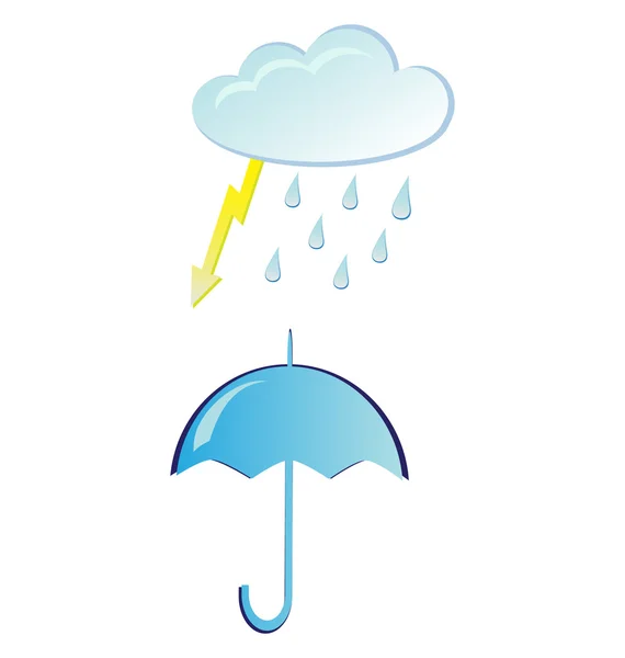 Vektorové ilustrace deštník a oblačnosti s deštěm a blesky — Stockový vektor