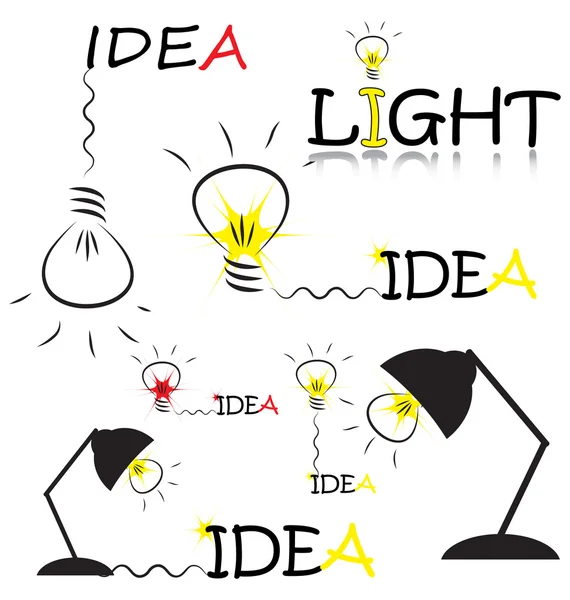 Set di schizzo vettoriale con lampadina e parole di idea — Vettoriale Stock