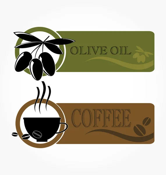 Tags Mit Ikonen Für Olivenöl Und Kaffeetassen — Stockvektor