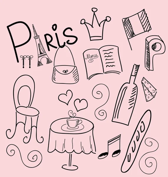 Handdrawing Σύμβολα Του Παρισιού Ροζ Φόντο — Διανυσματικό Αρχείο