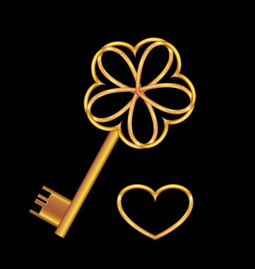 Gold key with gold heart clipart
