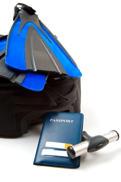 Shot Luggage Passport Pair Flippers Can Used Travel Vacation Concept — Stock Photo, Image