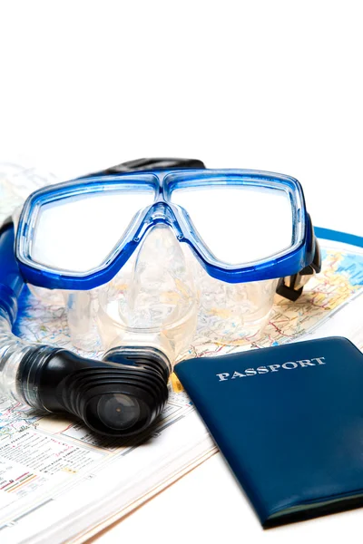 Tiro Passaporte Equipamento Snorkel Mapa Pode Ser Usado Para Viagens — Fotografia de Stock