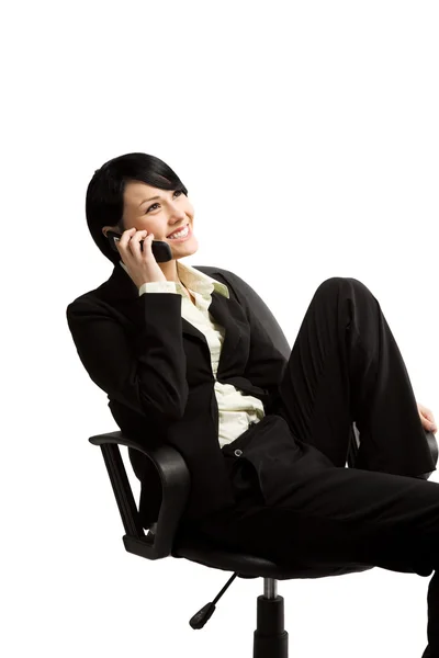 Bir Sandalyede Oturuyor Telefonda Konuşurken Bir Işkadını Izole Bir Çekim — Stok fotoğraf