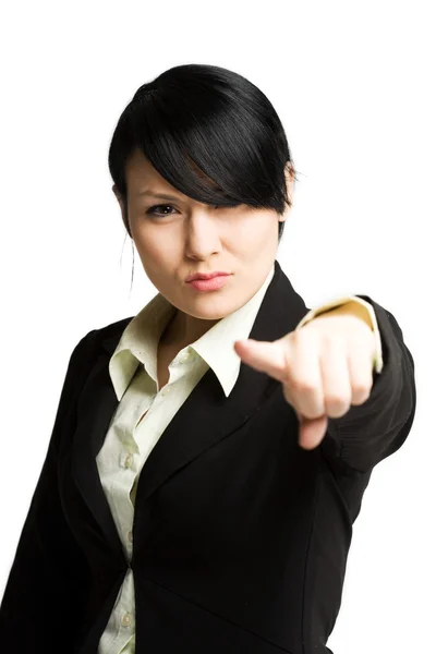 Tiro Isolado Uma Mulher Negócios Apontando Seu Dedo Indicador — Fotografia de Stock