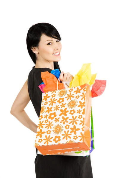 Eine Isolierte Aufnahme Einer Schönen Frau Die Einkaufstüten Trägt — Stockfoto
