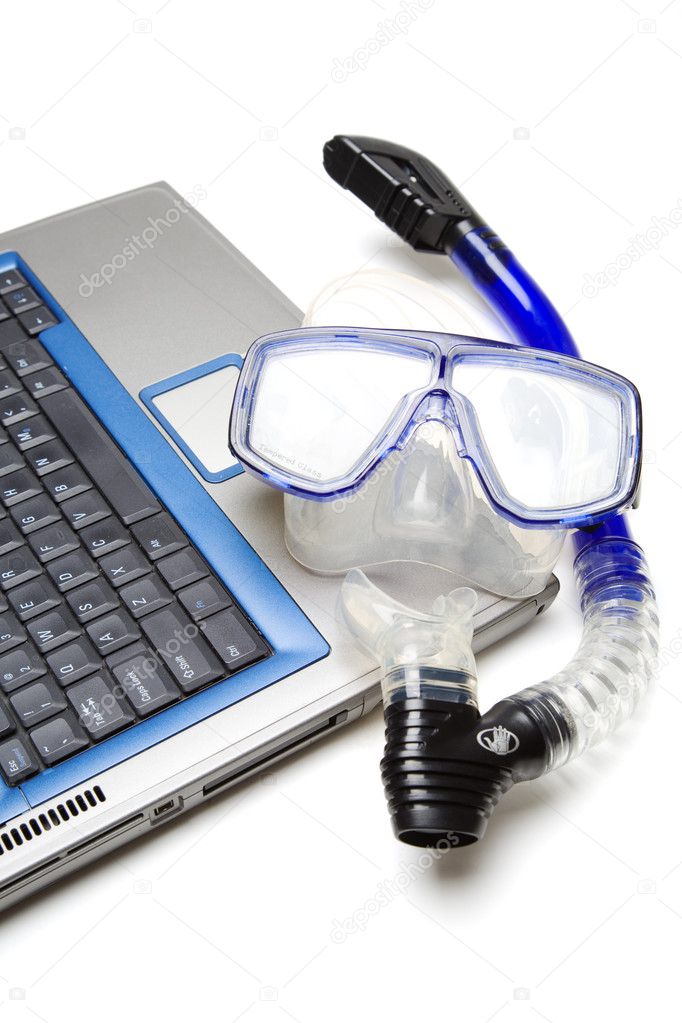A shot of a laptop and snorkeling equipment