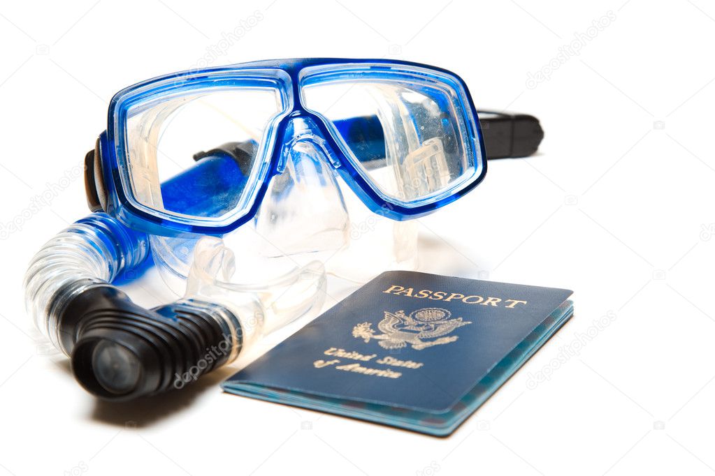 An isolated shot of a snorkeling equipment with passport