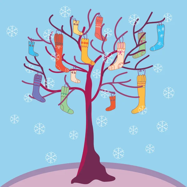 Різдвяна ялинка з шкарпетками і сніжинками — стоковий вектор