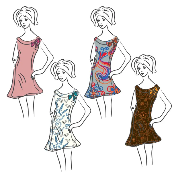 Skiss av retro kvinna i olika klänningar — Stock vektor