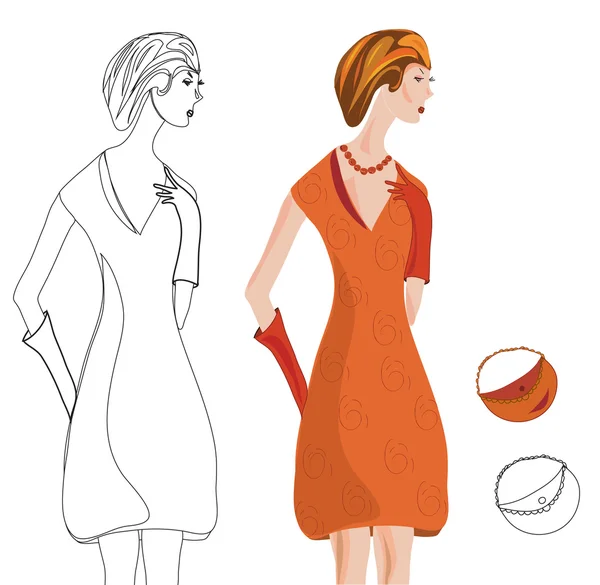 Vintage γυναίκα στην μόδα φόρεμα — Διανυσματικό Αρχείο