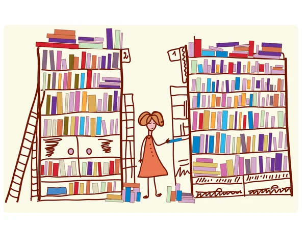 Βιβλιοθήκη κινουμένων σχεδίων με παιδί — Διανυσματικό Αρχείο