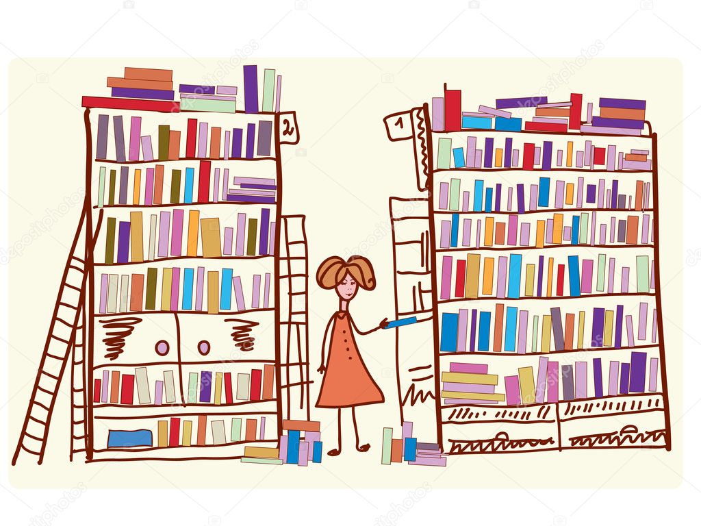 Library cartoon with child