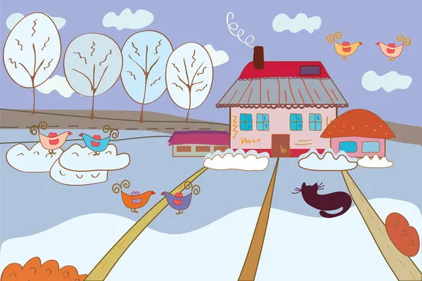 冬のおとぎ話鳥と風景 — ストックベクタ