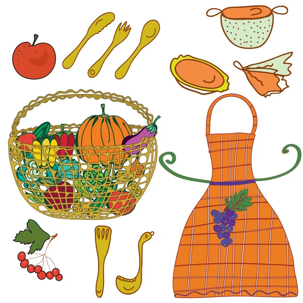 Kök med porslin och grönsaker, — Stock vektor