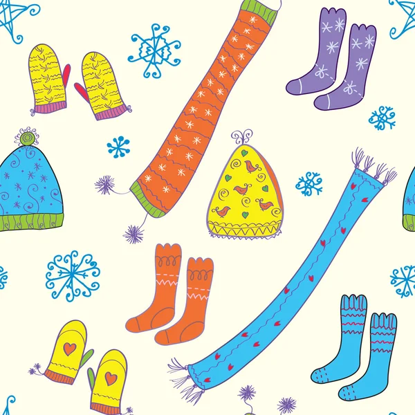 Patrón Invierno Sin Costuras Con Sombreros Calcetines Bufandas — Vector de stock