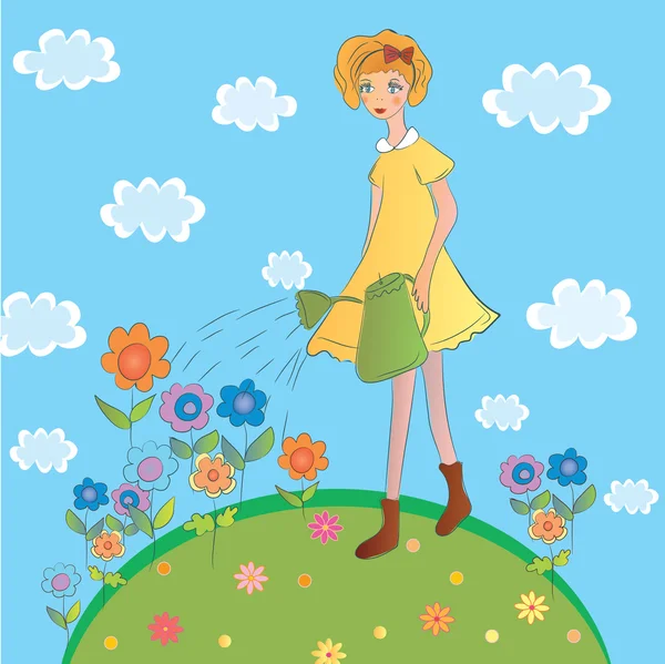 Girl watering flowers — Stock Vector