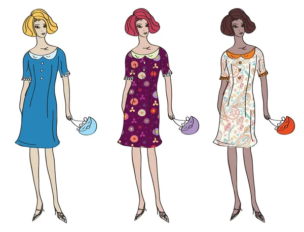 Vector Set Girls Pattern Dresses — Stock Vector