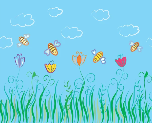 Χωρίς Ραφή Πρότυπο Ανοιξιάτικα Λουλούδια Και Μέλισσες — Διανυσματικό Αρχείο