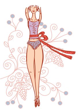Slim girl with tape measure and floral patters clipart