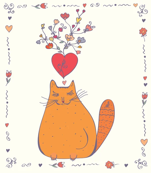 Love Card Cat Hearts Flowers — Stock Vector