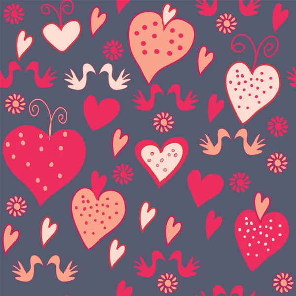 Drôle Motif Sans Couture Valentine Avec Des Coeurs Des Oiseaux — Image vectorielle