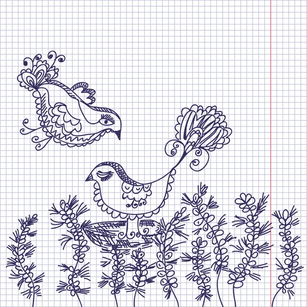 Tarjeta de Doodle con pájaros y flores — Vector de stock
