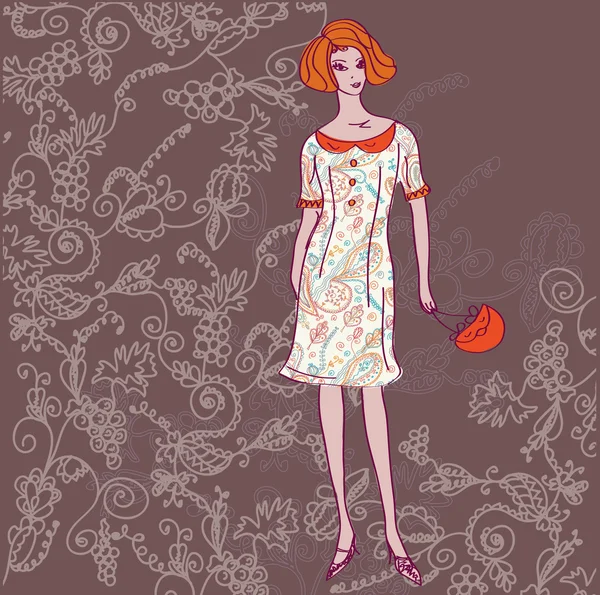 Карточка Моды Девушкой Цветочным Узором — стоковый вектор