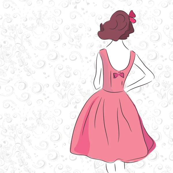 时尚复古女孩中的粉色的裙子 — 图库矢量图片