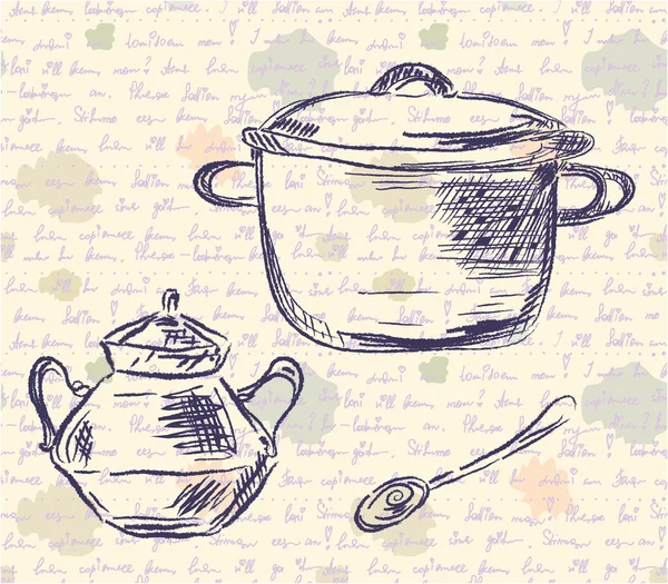 Croquis de la casserole et cuillère — Image vectorielle