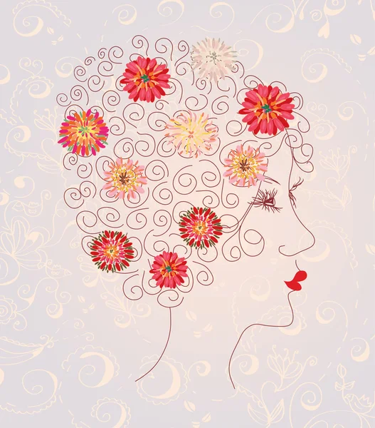 Beautiful woman head on the floral pattern — Stok Vektör
