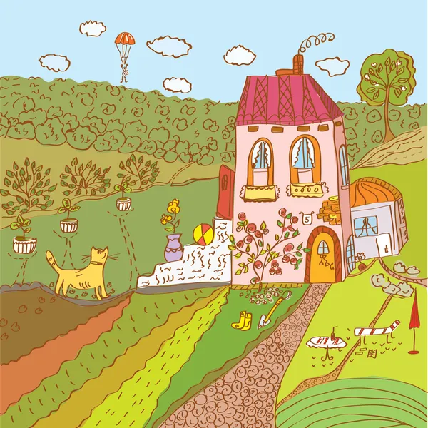 Sommer Cartoon Landschaft mit Haus — Stockvektor