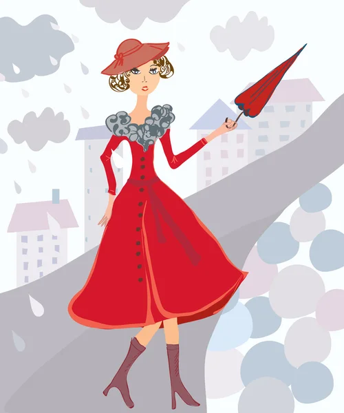 Femme à la pluie d'automne — Image vectorielle