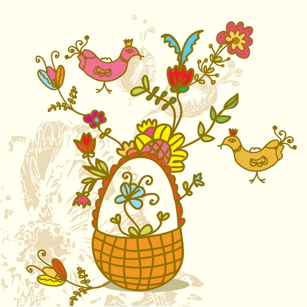 Korb mit Blumen und Vögeln — Stockvektor