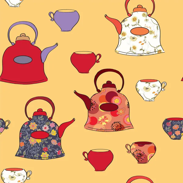 Бесшовный узор с чайниками и чашками — стоковый вектор