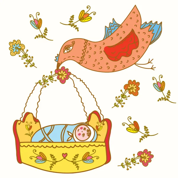 Pássaro conto de fadas traz bebê —  Vetores de Stock