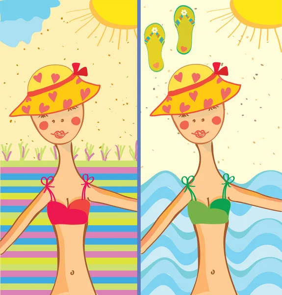 Fille drôle sur la plage dessin animé — Image vectorielle