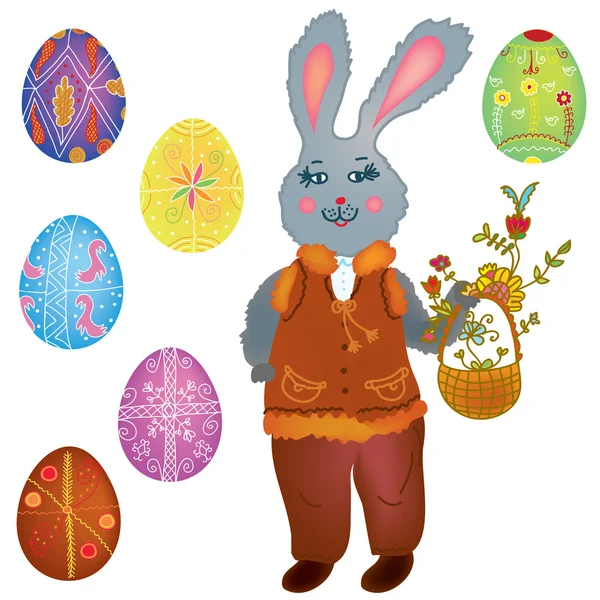 Easter collection with hare and eggs — Stock Vector