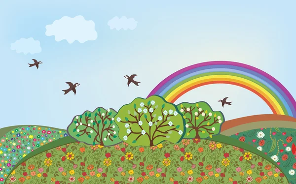 Floral landschap met regenboog — Stockvector