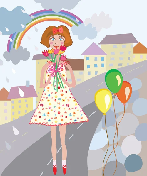 Menina com flores e balões na cidade — Vetor de Stock