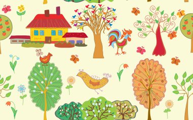 Village seamless pattern with trees clipart