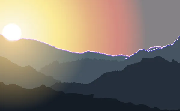Sunrise illustration over high mountain peaks. — Stock Vector