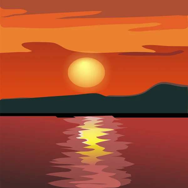 Sunset and mountain silhouette from the sea. — Stock Vector