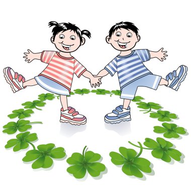 Children and four-leafed clover clipart