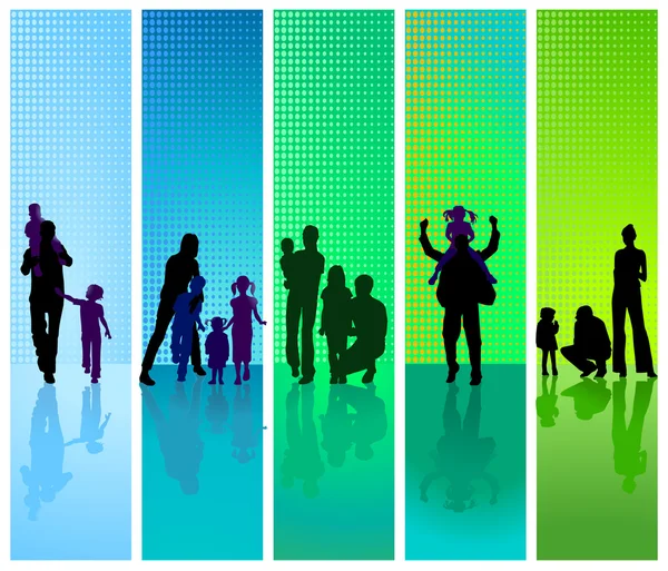 蓝色和绿色背景的家庭 — 图库矢量图片