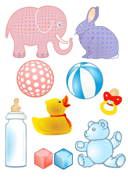 Baby toys and baby bottle — Stock Vector