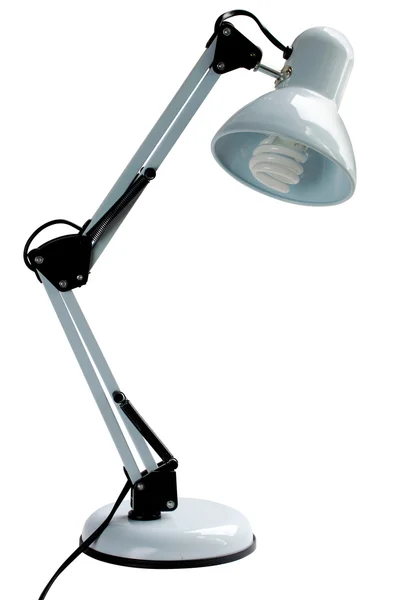 Lâmpada de mesa branco com lâmpada de poupança de energia — Fotografia de Stock