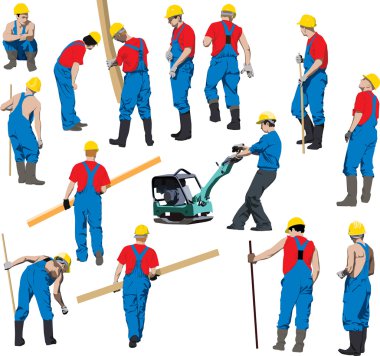 Team of Construction workers in blue workwear an yellow helmets. Vector illustration. Other vector in my portfolio. clipart