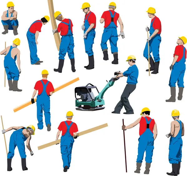 Team Van Werknemers Bouw Blauwe Werkkleding Een Gele Helmen Vectorillustratie — Stockvector